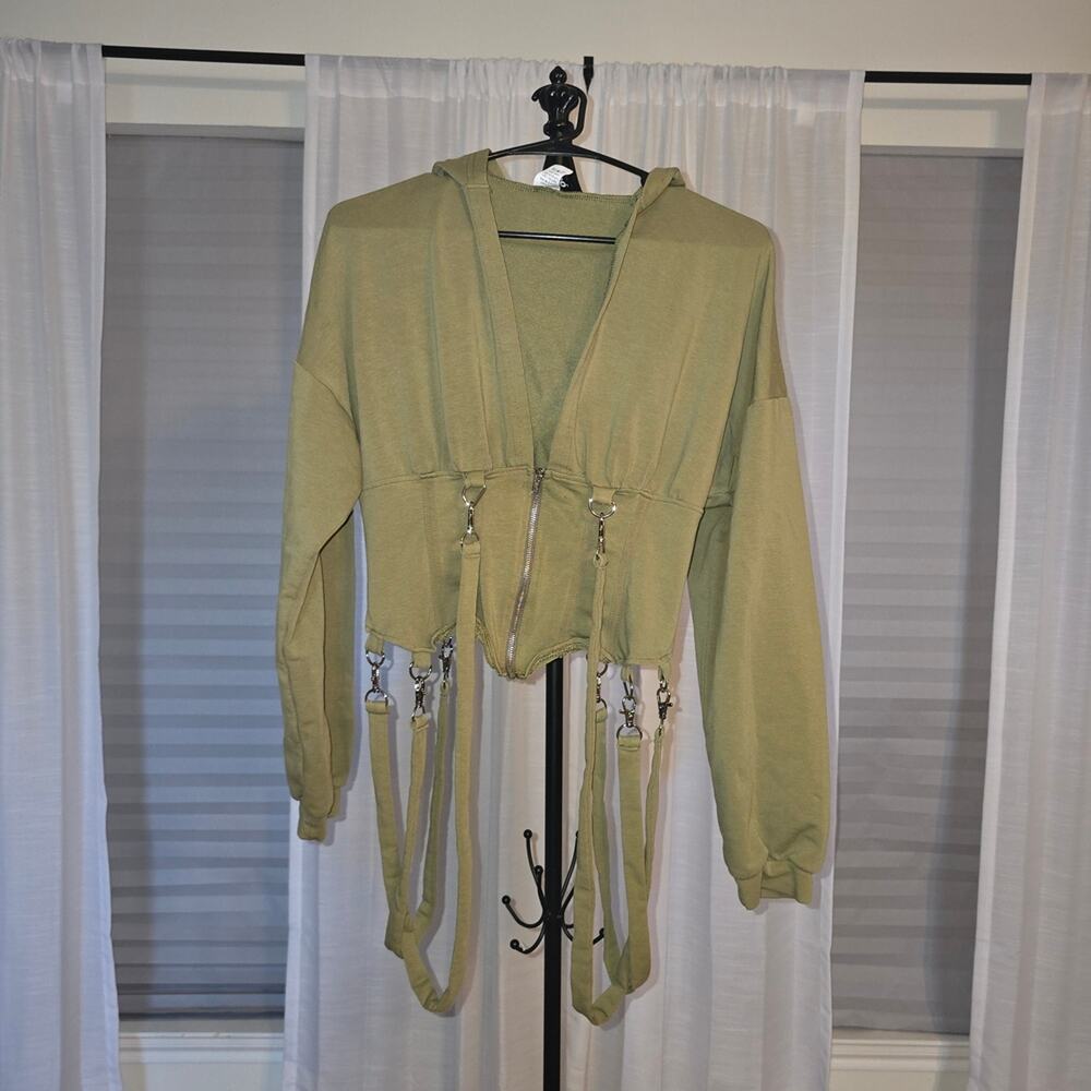Olive Green Cropped Hoodie with Straps - Picture 1 of 8